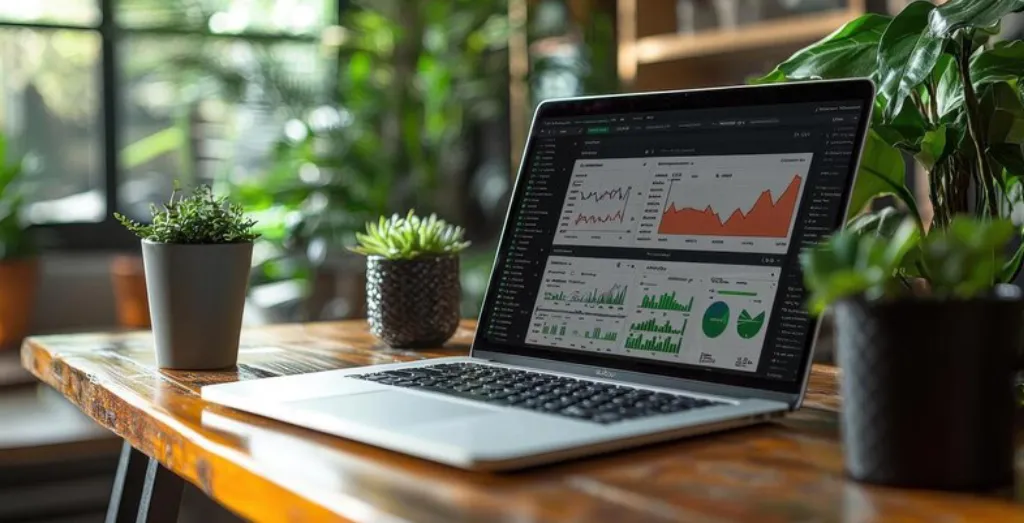 Digital Marketing Dashboard on Laptop with Analytics and Coffee Cup