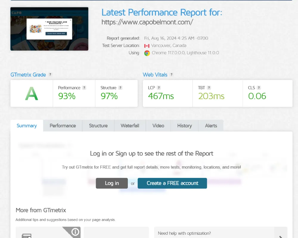 gtmetrix score of capo website