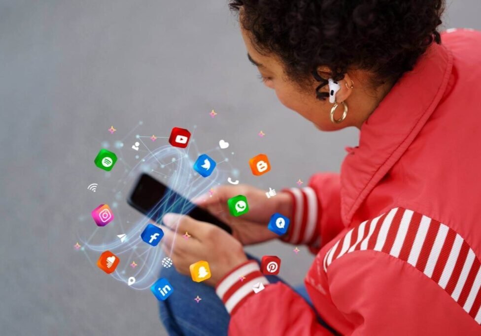 High angle woman holding smartphone